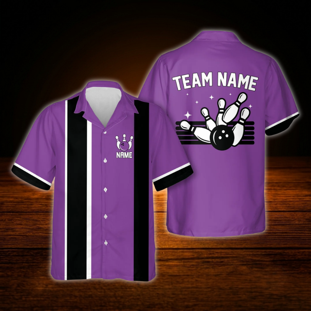 Custom Vintage Purple Black Bowling Men Hawaiian Shirt, Custom Vintage Team Bowling Shirt
