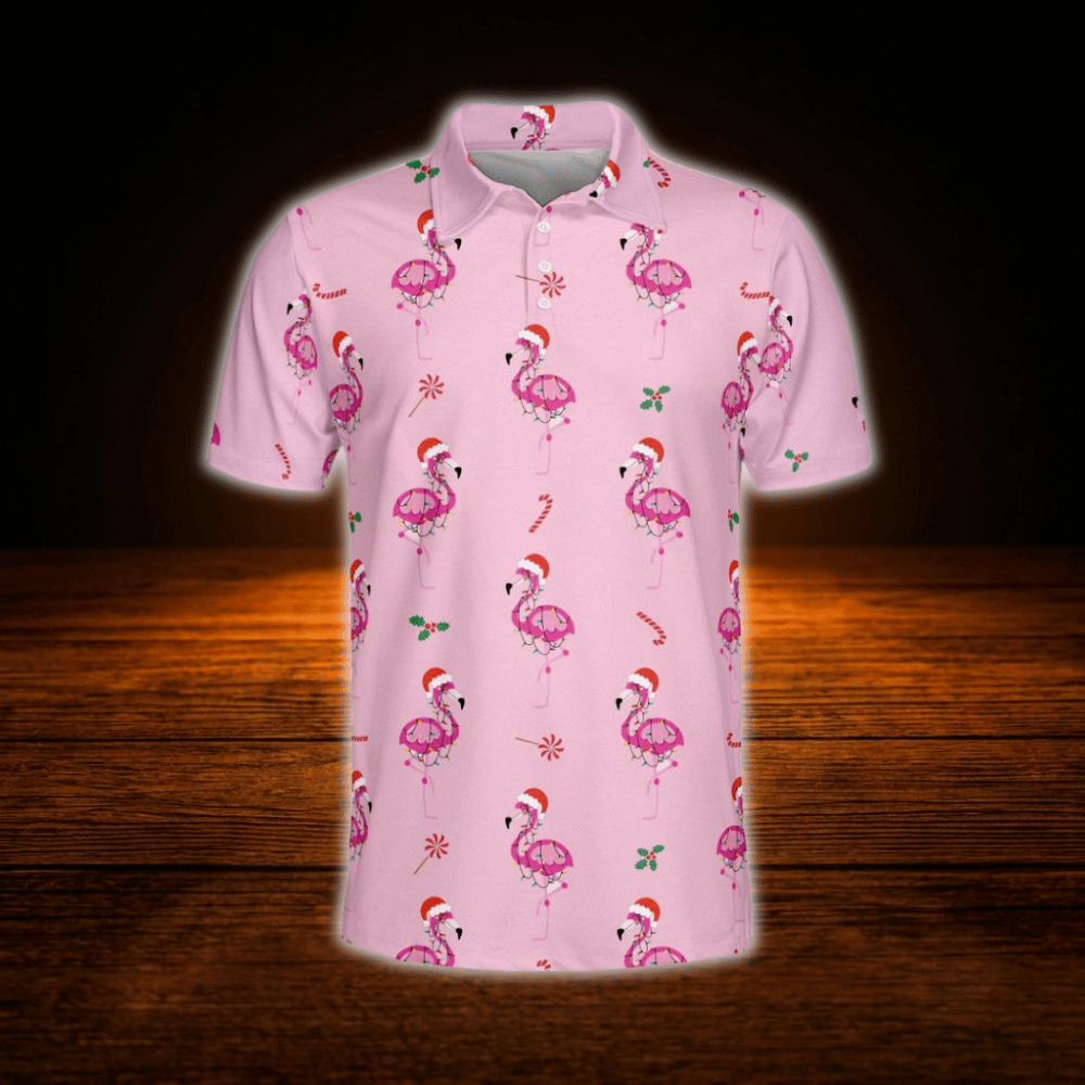 Flamingo Christmas Pink Golf Polo Shirts For Men, Flamingo Golf Shirts