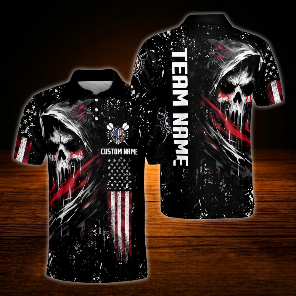 Custom Skeleton Black And Red Dart Mens Polo Shirt, Personalized Skull Darts Team Shirts