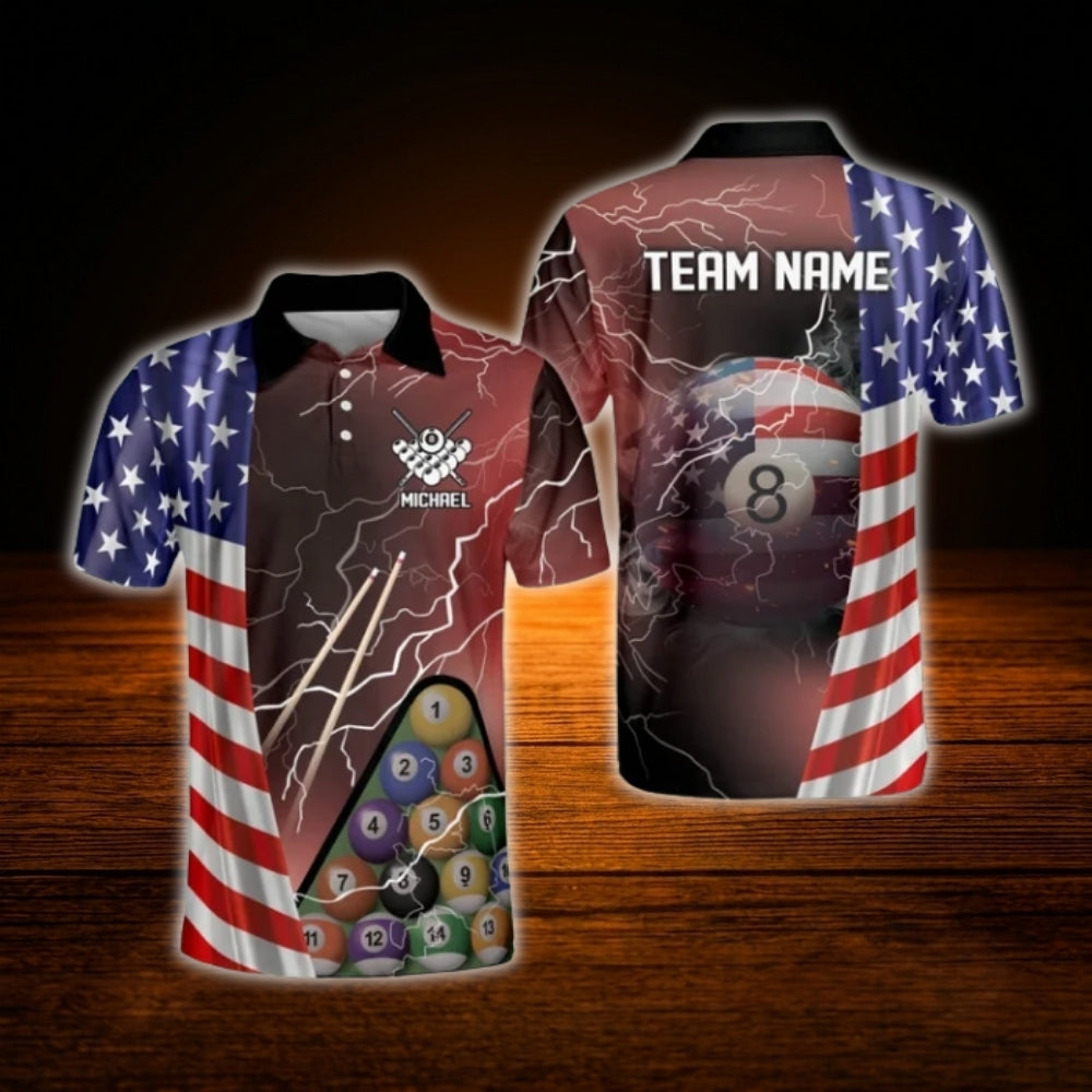 Custom USA Flag 8 Ball Thunder Billiard Polo Shirt, Men's Custom Patriotic Pool Team Shirt