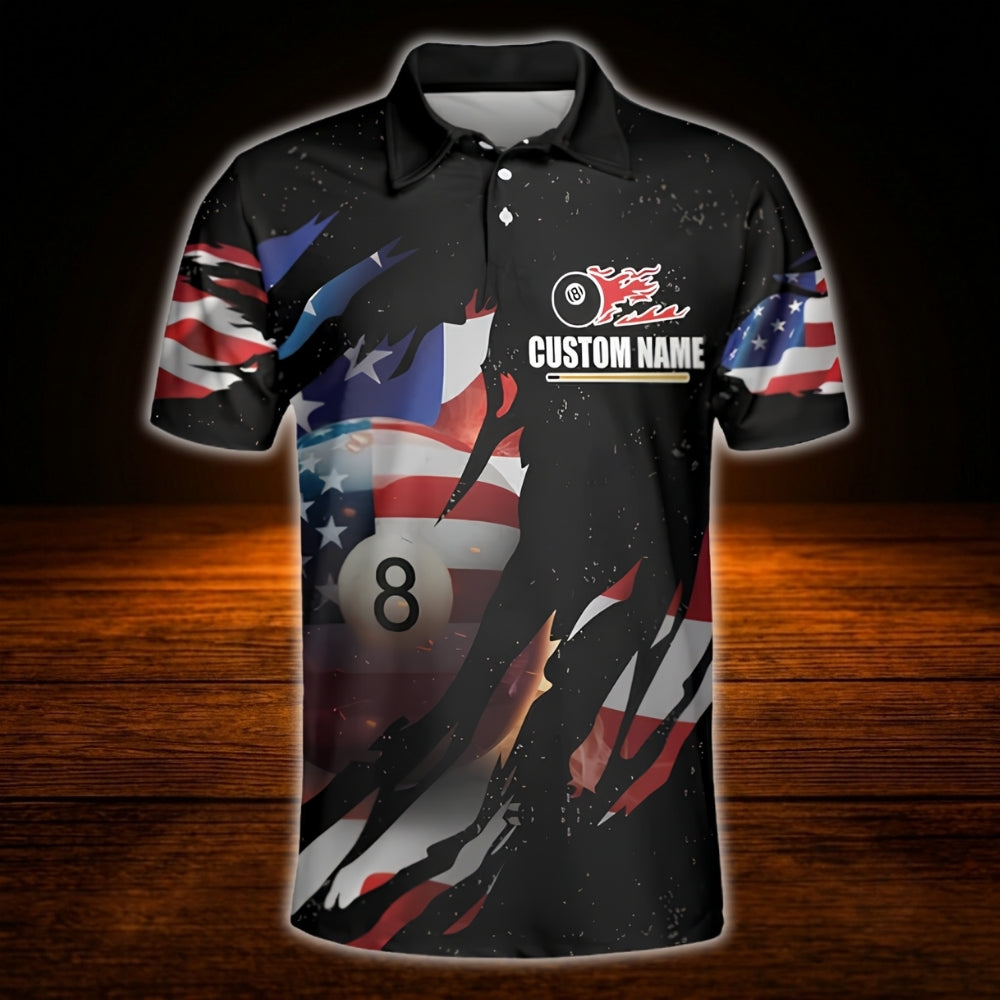 American Flag Custom Black Grunge Billiard Polo Shirt For Men, Custom Patriotic Team Billiard Shirt