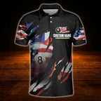 American Flag Custom Black Grunge Billiard Polo Shirt For Men, Custom Patriotic Team Billiard Shirt