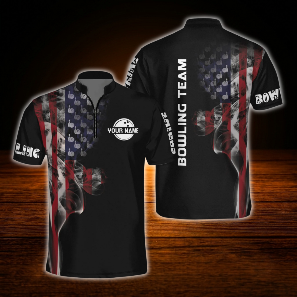Custom American Flag Smoke Bowling Men Jersey, Custom Patriotic Bowling Team Shirt