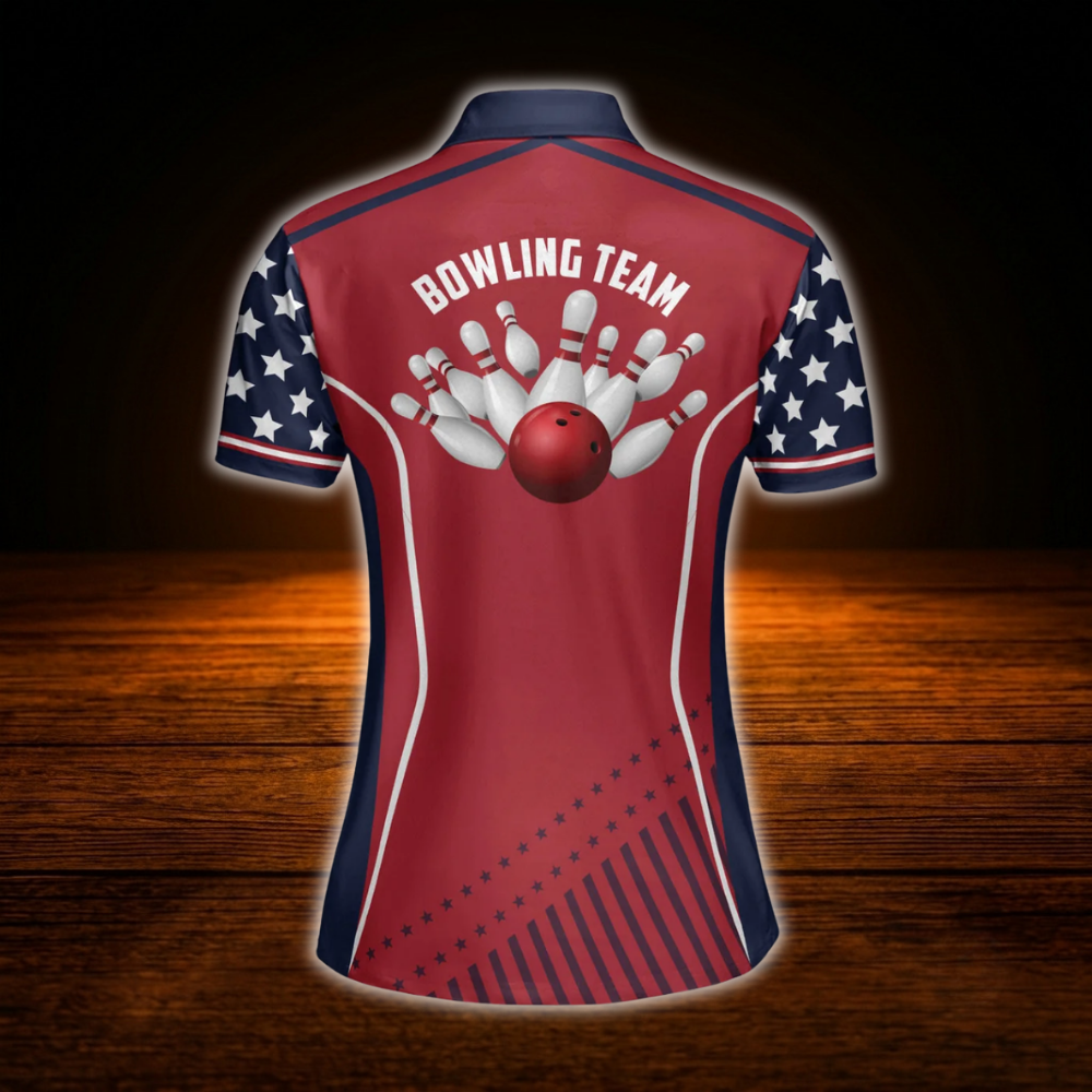 Womens Custom USA Flag Red Navy Bowling Polo Shirt, Custom Patriotic Bowling Team Shirt Ladies