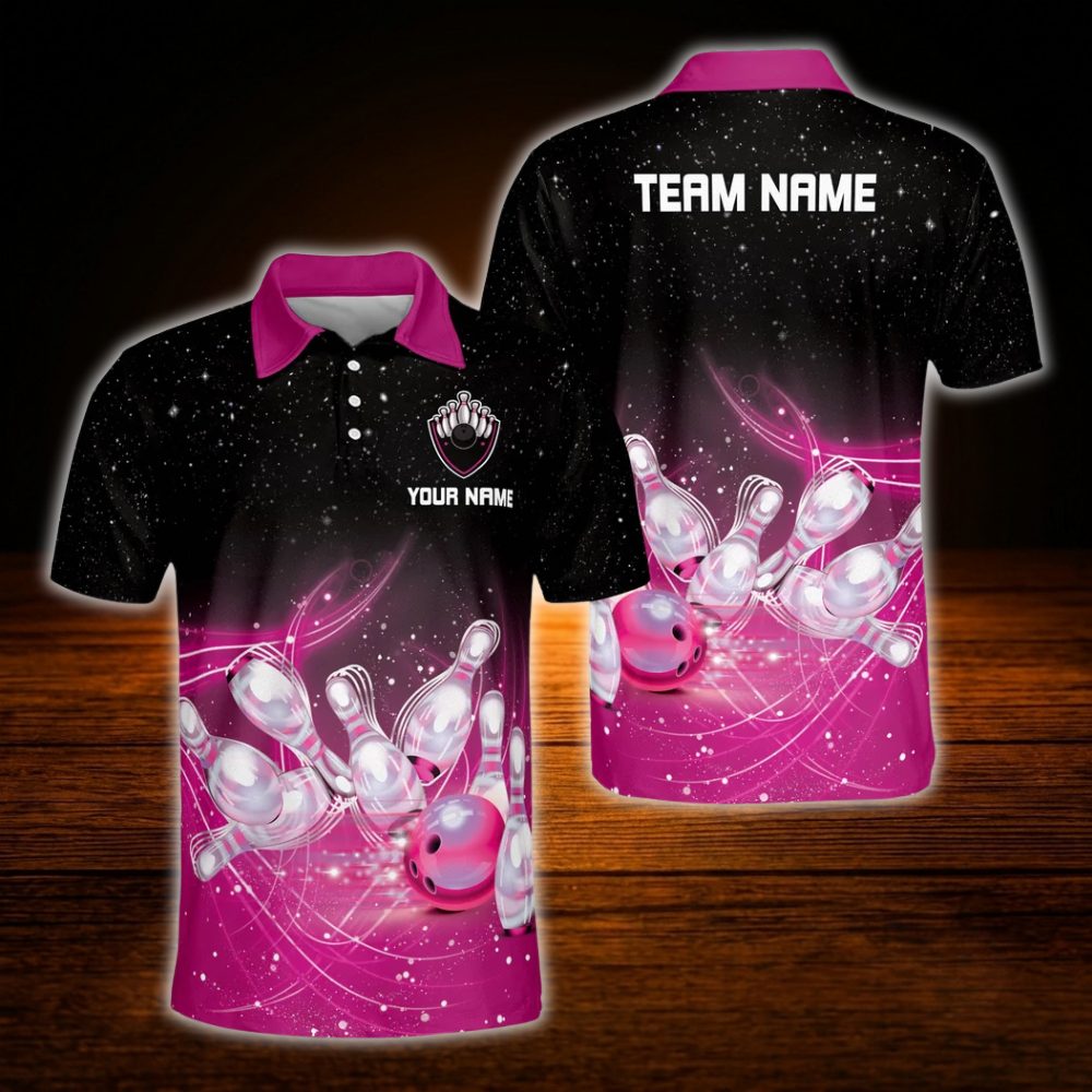 Custom Team Black And Blue Men's Bowling Polo Shirts, Custom Bowling Team Shirts