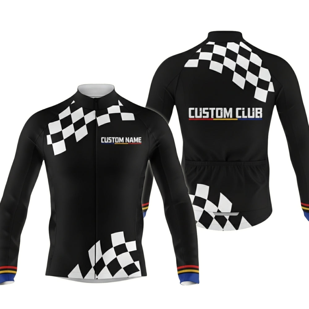 Custom Team Mens Black And White Cycling Long Sleeve Jersey, Custom Club Cycling Jerseys CZ0048