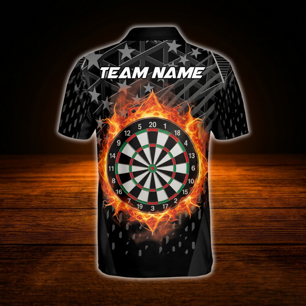 Custom Fire Dartboard Men's Black Dart Polo Shirt, Custom Flame Darts Team Shirts