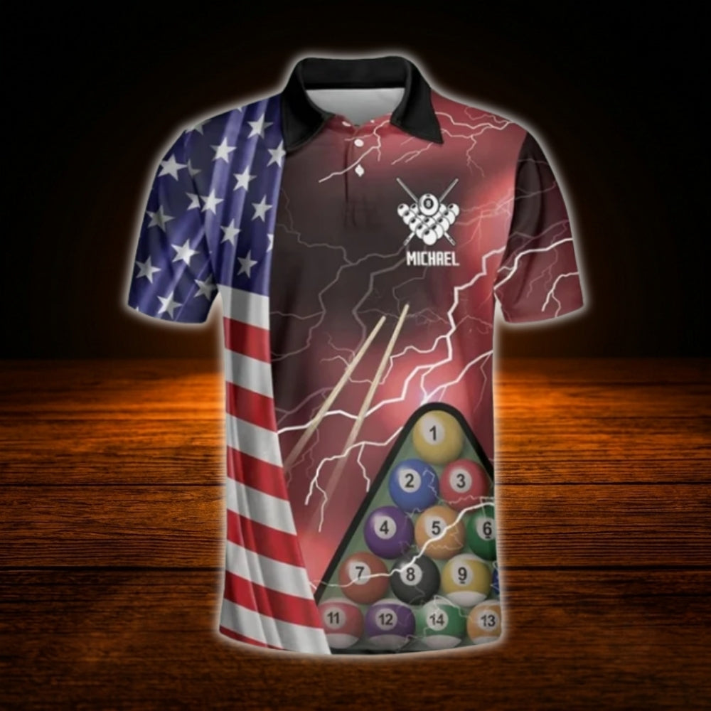Custom USA Flag 8 Ball Thunder Billiard Polo Shirt, Men's Custom Patriotic Pool Team Shirt