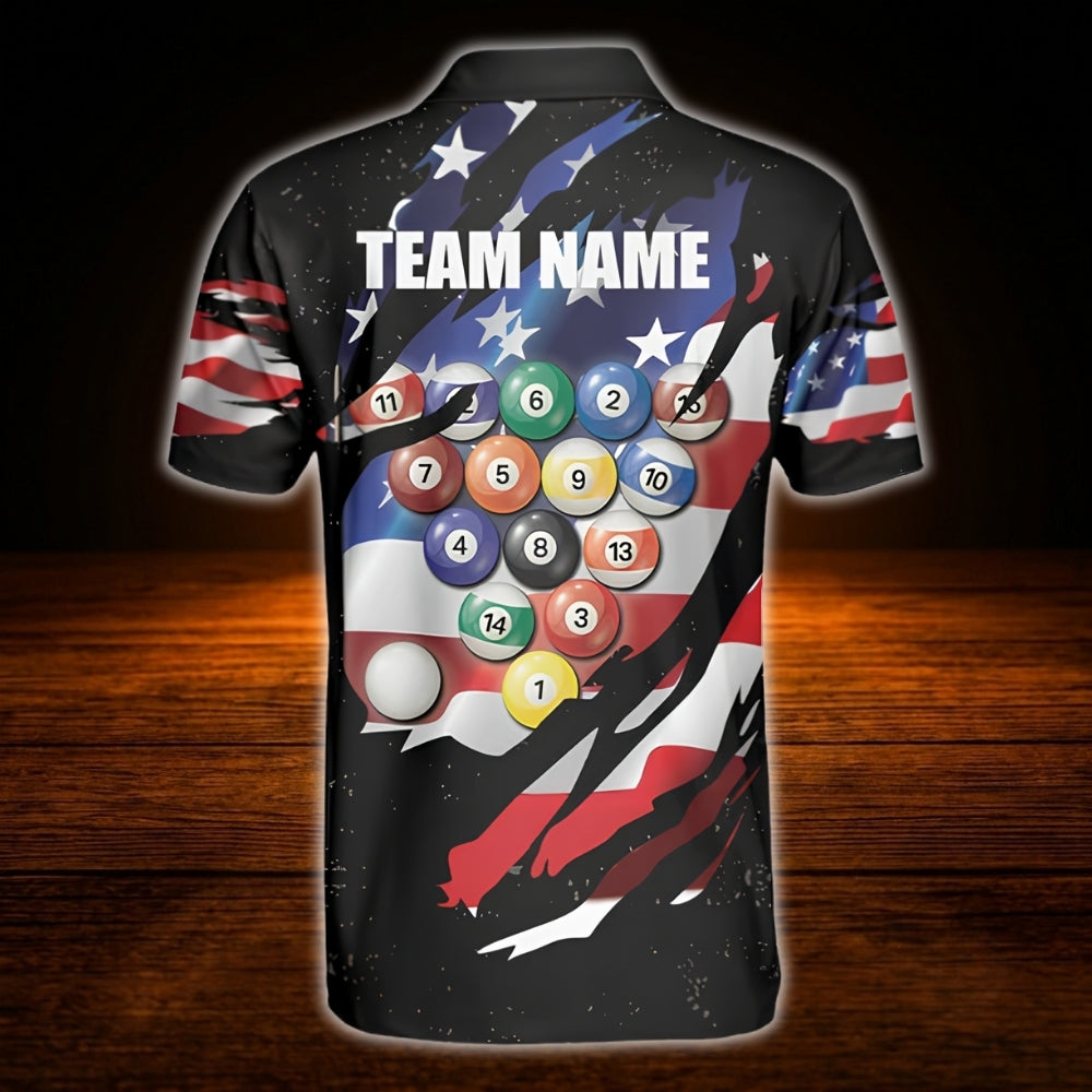 American Flag Custom Black Grunge Billiard Polo Shirt For Men, Custom Patriotic Team Billiard Shirt