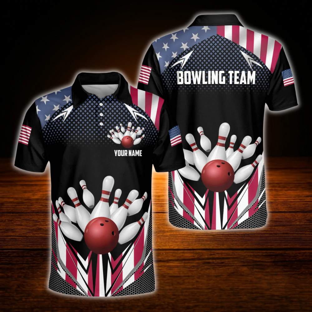 Custom American Flag Bowling Polo Shirt For Men, Custom Patriotic Bowling Team Shirt