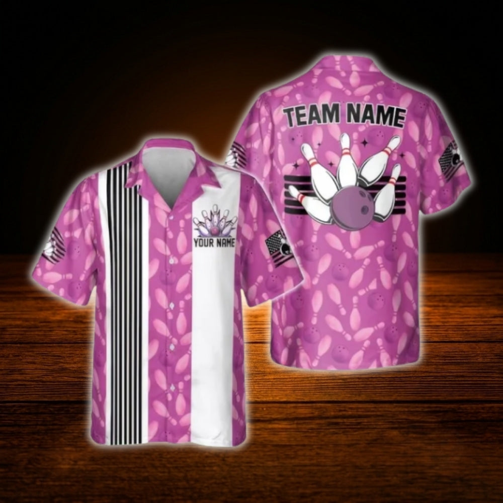 Custom Blue White Bowling Hawaiian Shirt, Custom Retro Bowling Shirt For Team