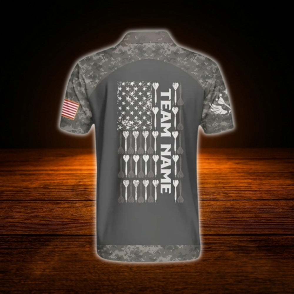 Custom USA Flag Camo Dart Polo Shirt Grey, Men's Custom Camo Darts Team Shirt