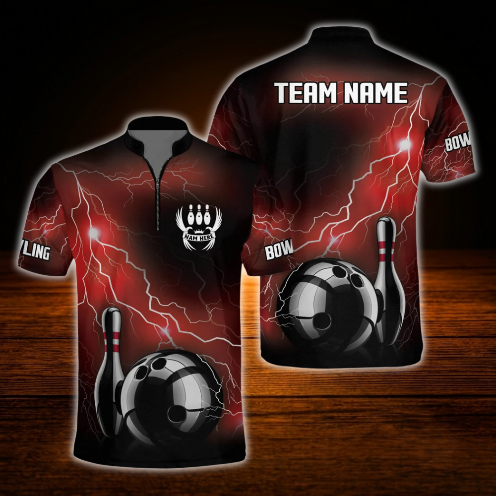 Custom Thunder Black And Red Men's Bowling Jersey Shirts, Custom Thunder Bowling Team Shirts