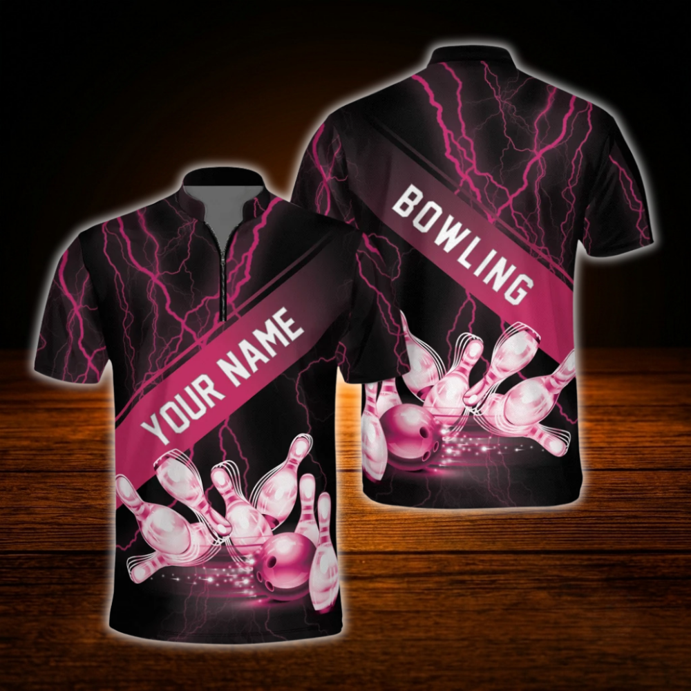 Custom Thunder Pink Black Bowling Jersey Men, Custom Thunder Bowling Team Shirt