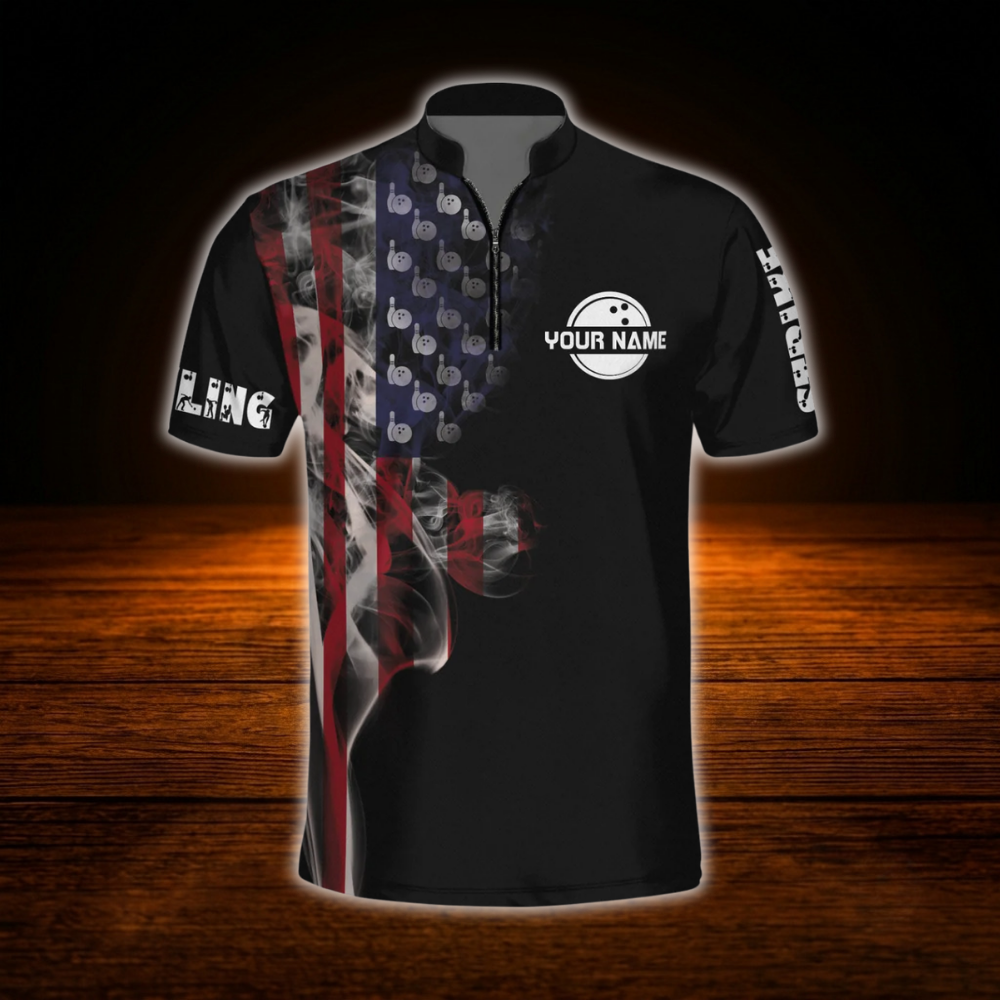 Custom American Flag Smoke Bowling Men Jersey, Custom Patriotic Bowling Team Shirt