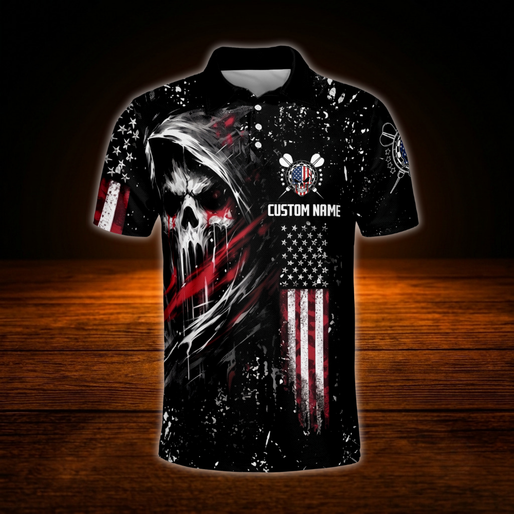 Custom Skeleton Black And Red Dart Mens Polo Shirt, Personalized Skull Darts Team Shirts