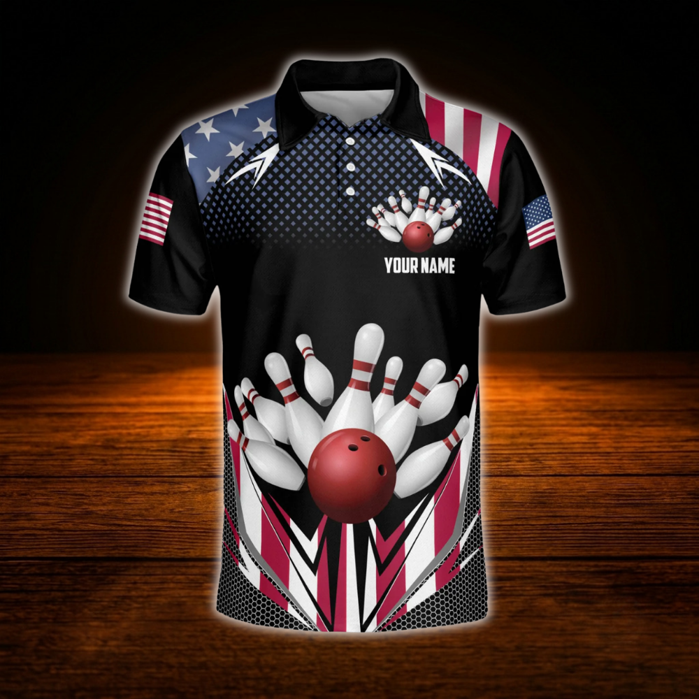 Custom American Flag Bowling Polo Shirt For Men, Custom Patriotic Bowling Team Shirt