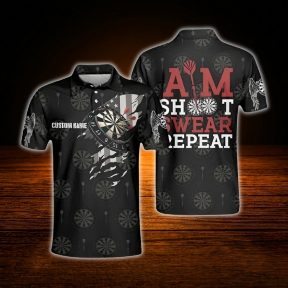Custom Aim Shoot Swear Repeat Darts Polo Shirt Men, Custom Funny Darts Shirt