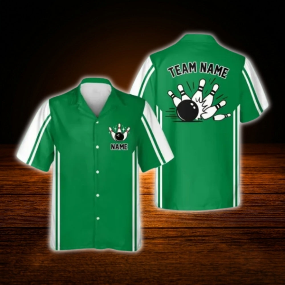 Custom Green White Retro Bowling Hawaiian Shirt, Custom Retro Team Bowling Shirt