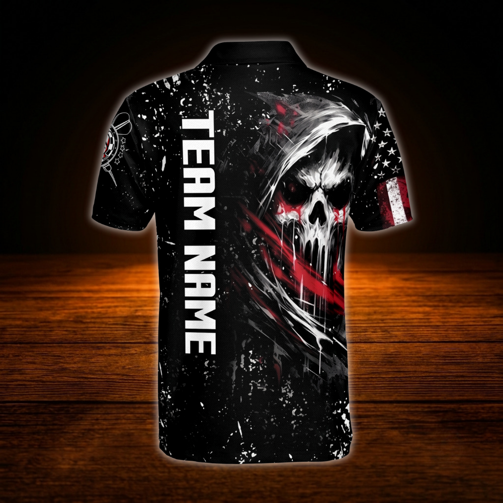 Custom Skeleton Black And Red Dart Mens Polo Shirt, Personalized Skull Darts Team Shirts