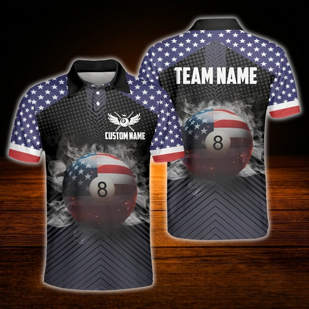 Custom 8 Ball USA Flag Smoke Billiard Polo Shirt Men, Custom Patriotic Billiard Team Shirt