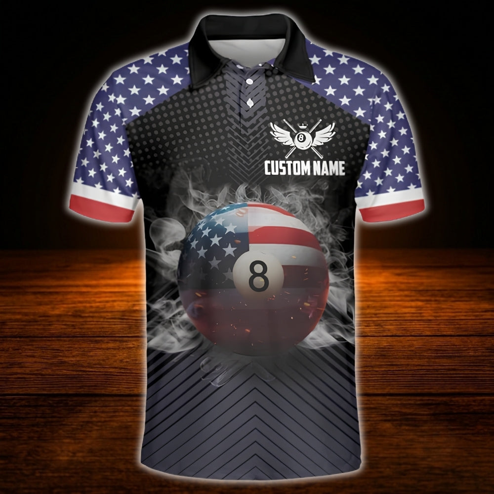 Custom 8 Ball USA Flag Smoke Billiard Polo Shirt Men, Custom Patriotic Billiard Team Shirt
