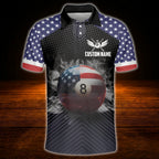 Custom 8 Ball USA Flag Smoke Billiard Polo Shirt Men, Custom Patriotic Billiard Team Shirt