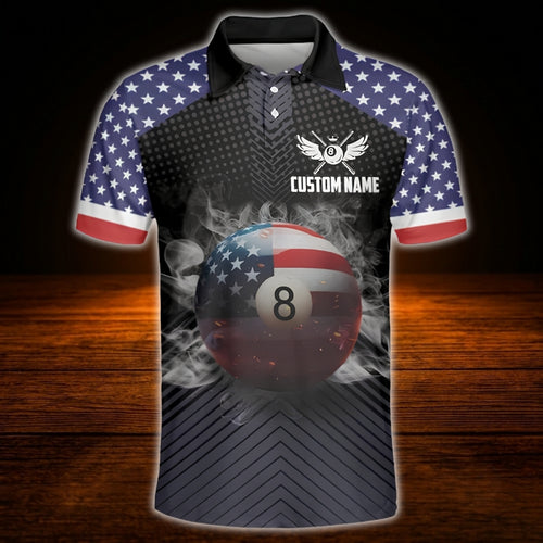 Custom 8 Ball USA Flag Smoke Billiard Polo Shirt Men, Custom Patriotic Billiard Team Shirt