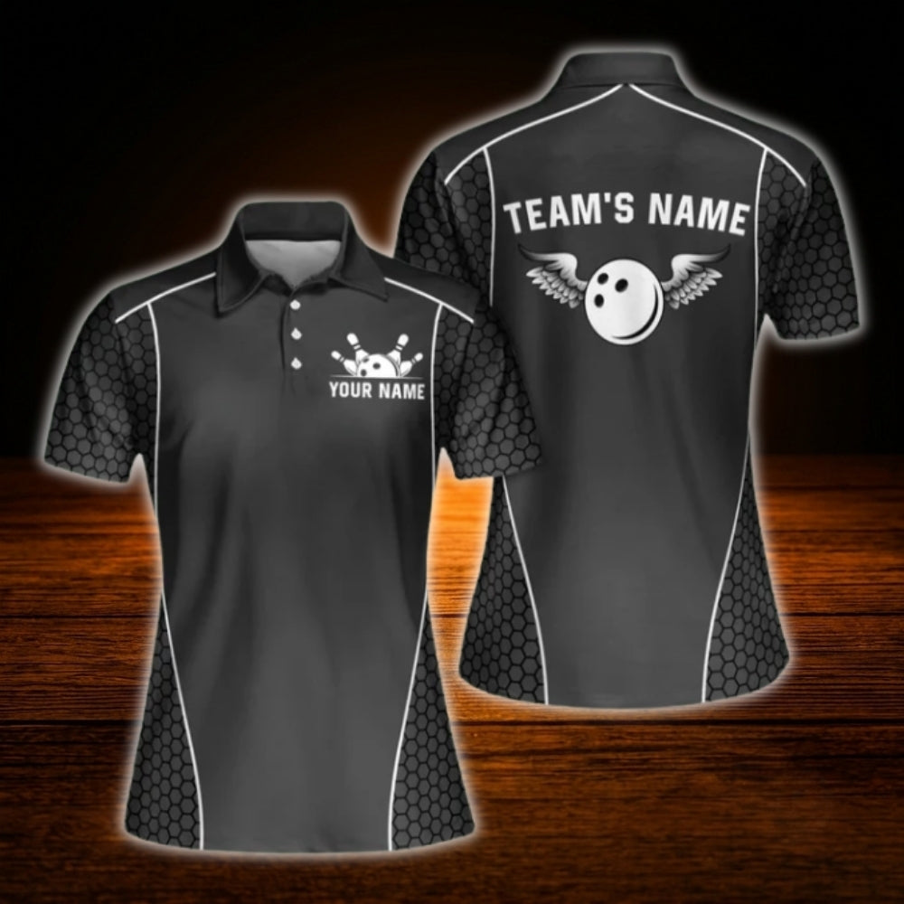 Custom Womens Team Navy Black Bowling Polo Shirt, Custom Bowling Team Shirt Ladies
