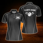 Custom Womens Team Navy Black Bowling Polo Shirt, Custom Bowling Team Shirt Ladies