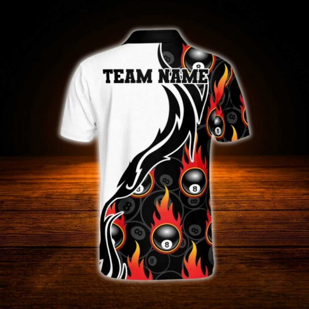 Custom Fire 8 Ball Men's Billiard Polo Shirt, Custom Flame Billiard Shirt Team