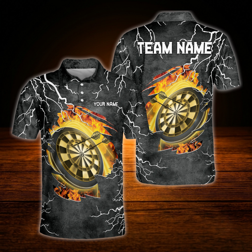 Custom Fire Dartboard Men's Dart Polo Shirt, Personalized Flame Darts Team Shirts