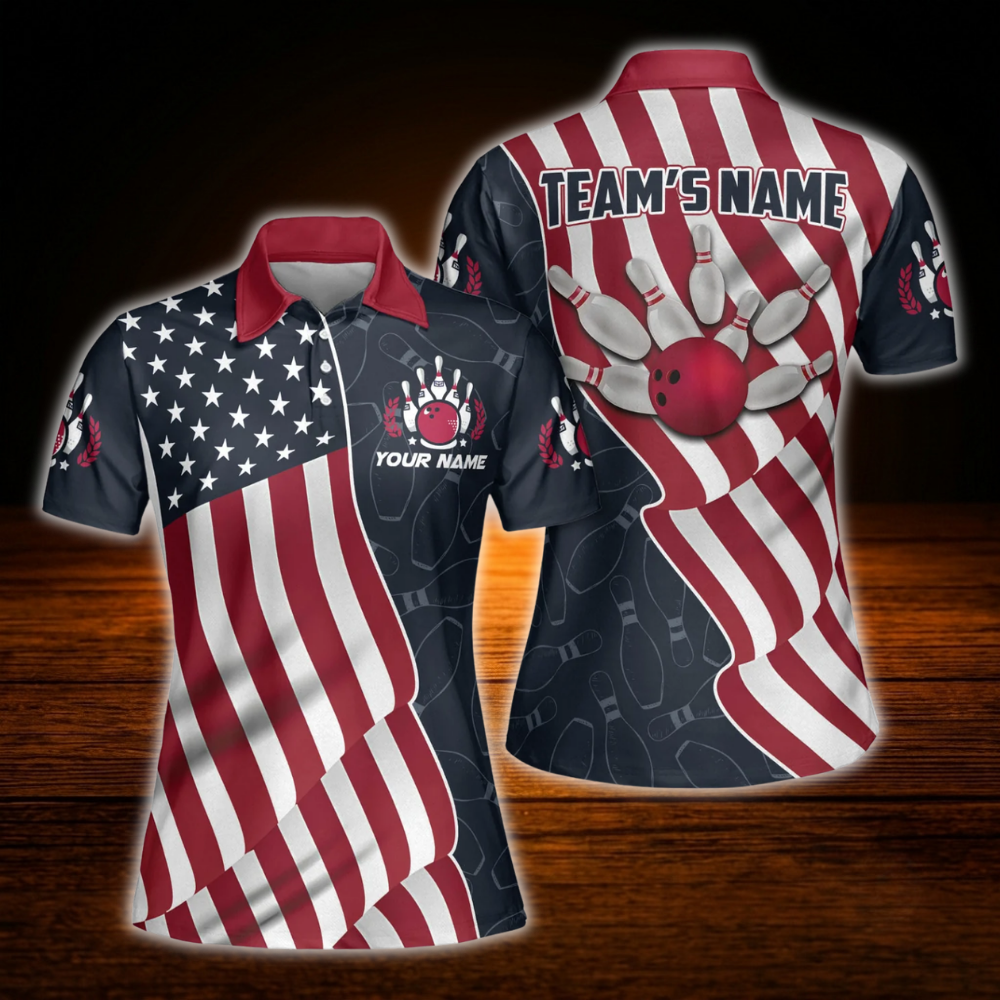 Women's Custom American Flag Bowling Polo Shirt, Custom Patriotic Bowling Team Shirt For Ladies