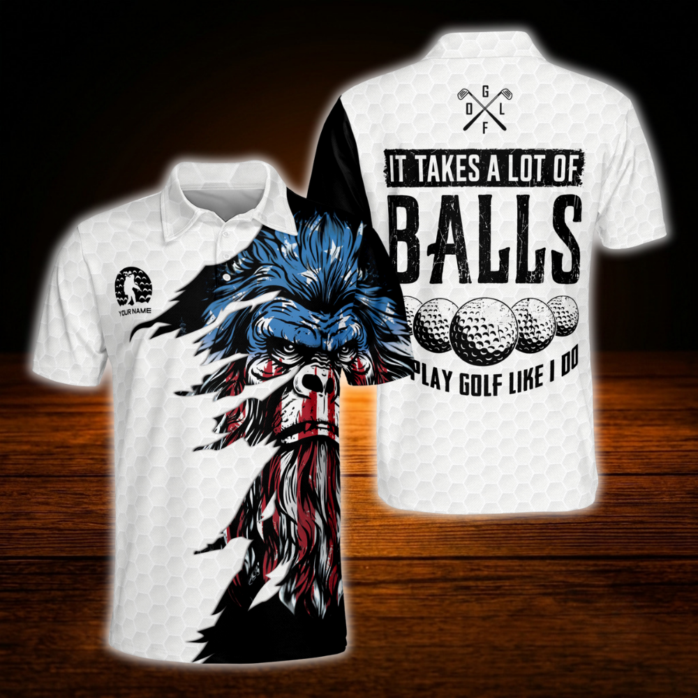 It Takes A Lot Of Balls To Play Golf Like I Do Custom Bigfoot USA Flag Mens Golf Polo Shirt, Custom Funny Bigfoot Golf Shirt