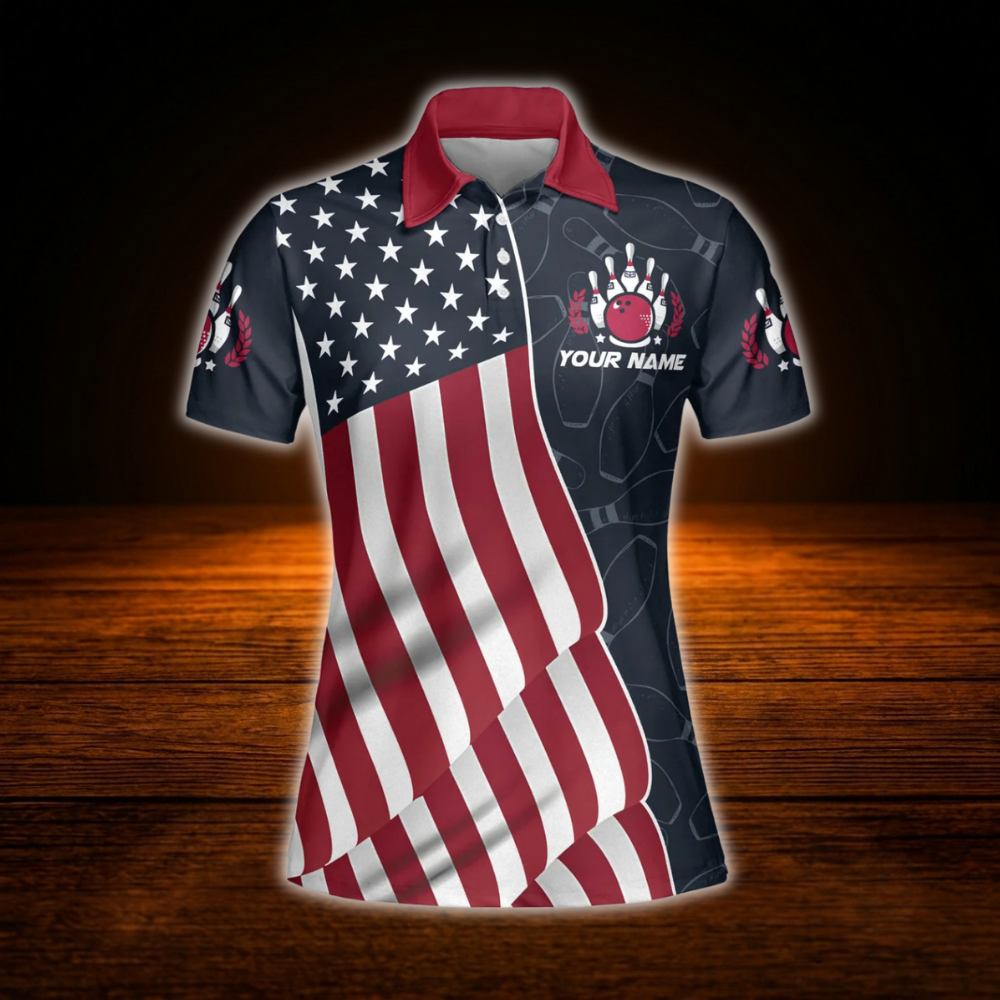 Women's Custom American Flag Bowling Polo Shirt, Custom Patriotic Bowling Team Shirt For Ladies