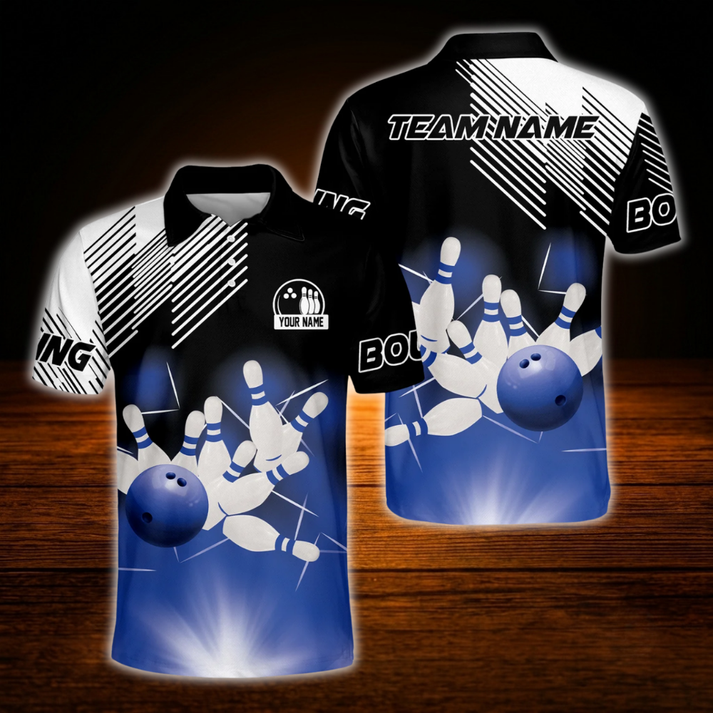 Custom Team Blue Black White Bowling Polo Shirt, Men's Custom Bowling Shirt