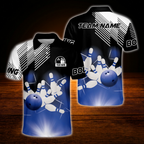 Custom Team Blue Black White Bowling Polo Shirt, Men's Custom Bowling Shirt
