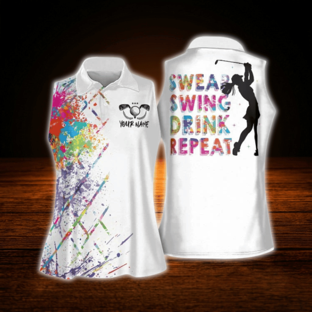 Swing Swear Drink Repeat Custom Women's Sleeveless Golf Shirts, Custom Funny Golf Shirts For Ladies