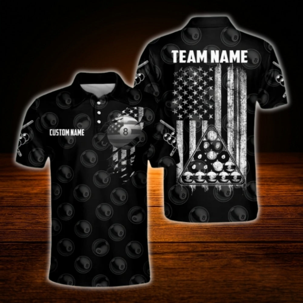 Custom USA Flag Black Billiard Polo Shirt For Men, Custom Patriotic Billiard Team Shirt