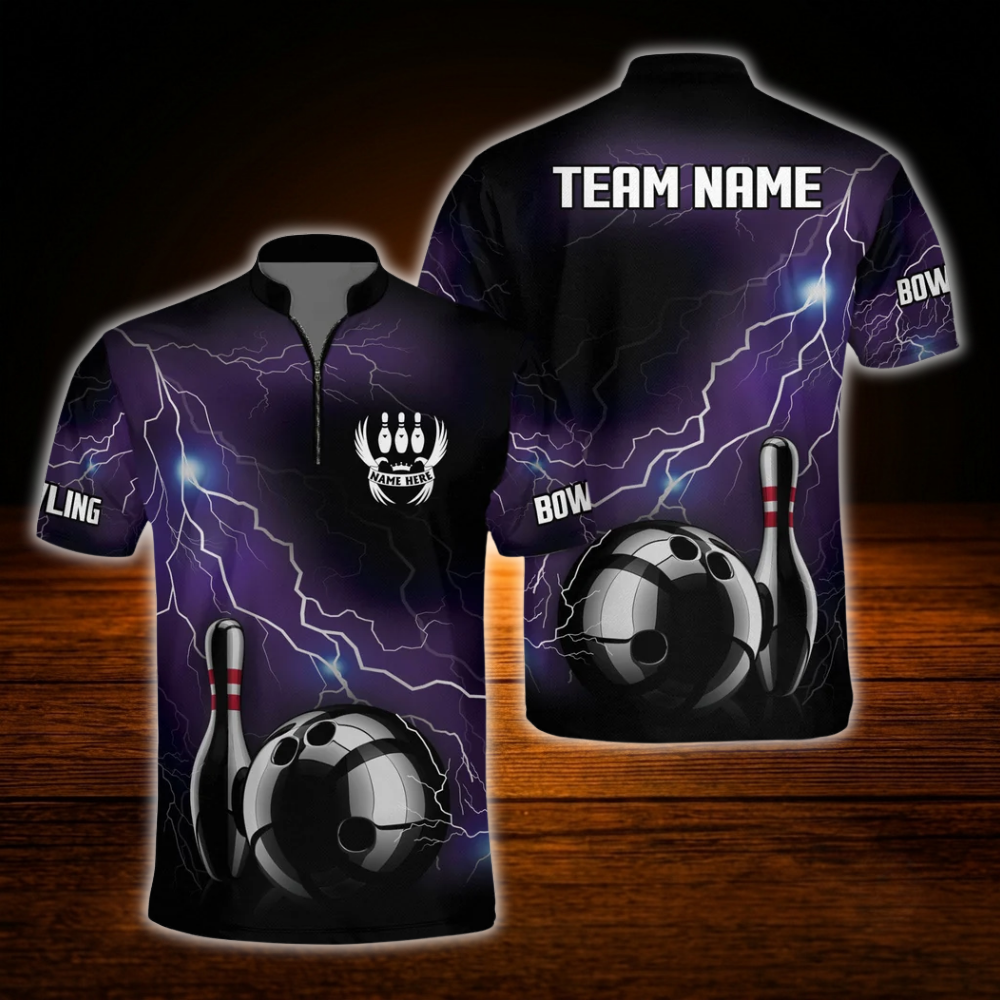 Custom Thunder Black And Red Men's Bowling Jersey Shirts, Custom Thunder Bowling Team Shirts