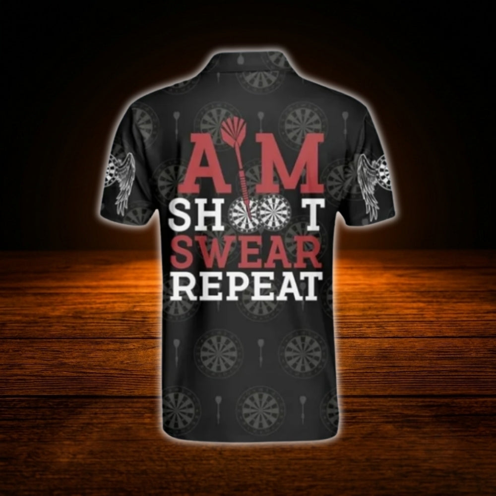 Custom Aim Shoot Swear Repeat Darts Polo Shirt Men, Custom Funny Darts Shirt