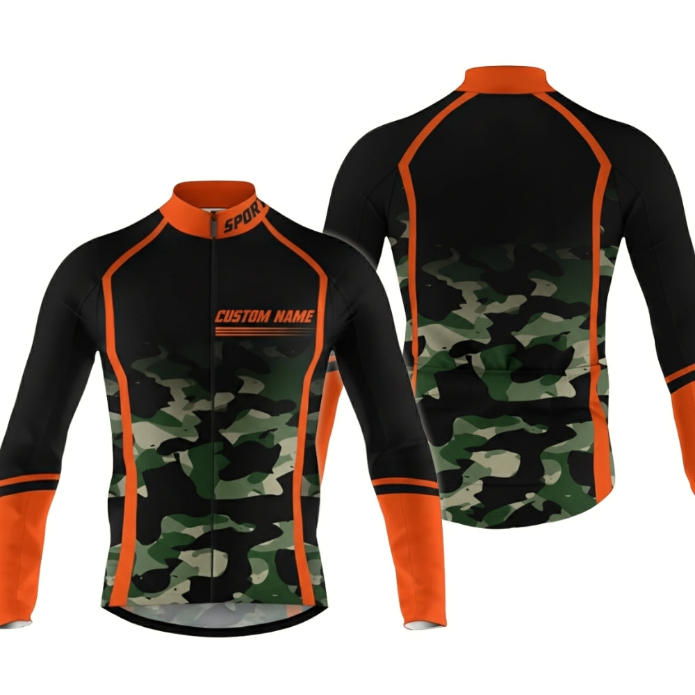 Custom Camo Black And Orange Cycling Long Sleeve Jersey For Men, Custom Camouflage Cycling Jerseys CZ0047