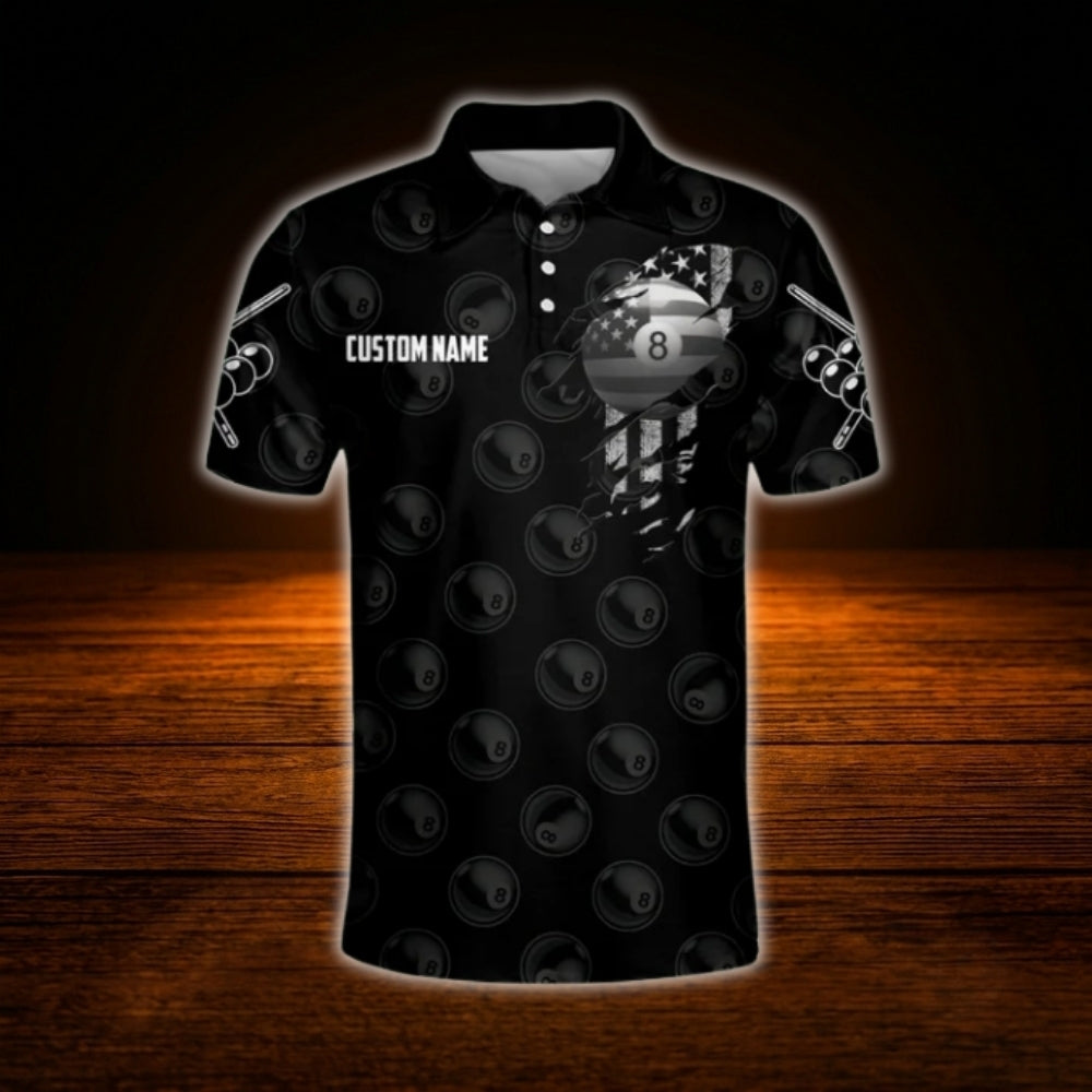 Custom USA Flag Black Billiard Polo Shirt For Men, Custom Patriotic Billiard Team Shirt