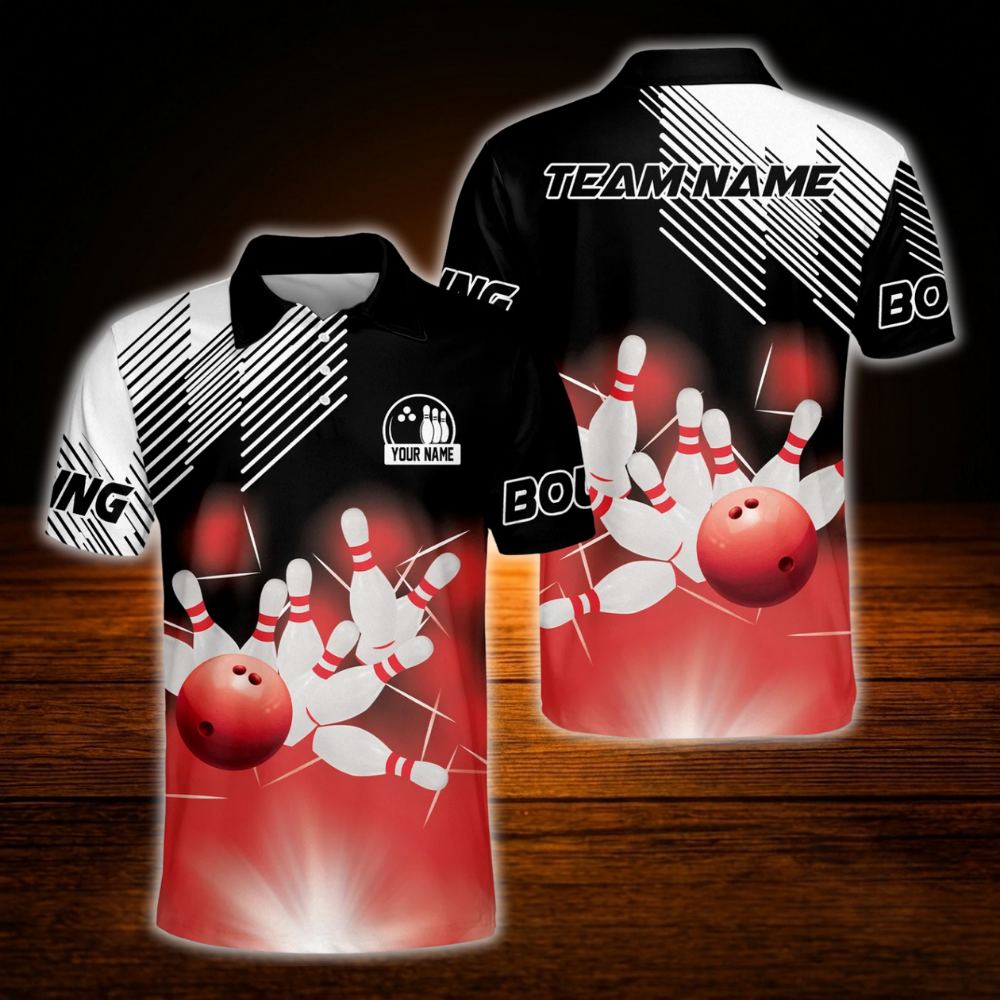Custom Team Blue Black White Bowling Polo Shirt, Men's Custom Bowling Shirt