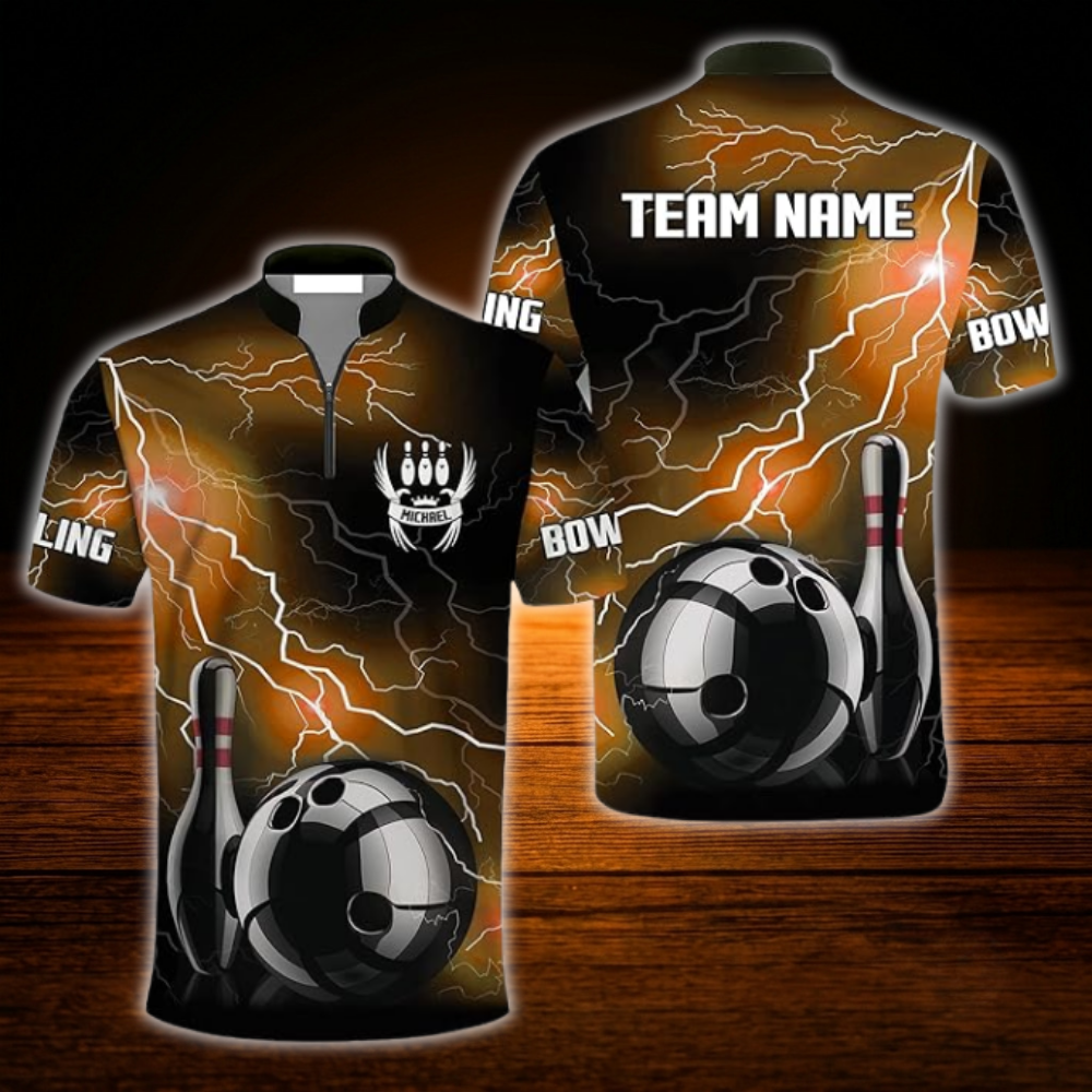 Custom Thunder Black And Red Men's Bowling Jersey Shirts, Custom Thunder Bowling Team Shirts