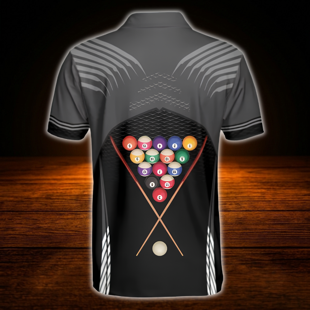 Custom Name Black Grey Billiard Polo Shirt For Men, Custom Billiard Player Shirts