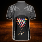 Custom Name Black Grey Billiard Polo Shirt For Men, Custom Billiard Player Shirts