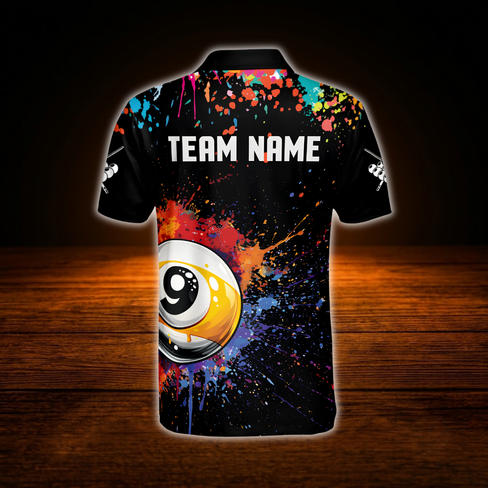 9 Ball Colorful Custom Mens Billiard Polo Shirt, Custom 9 Ball Team Billiard Shirts