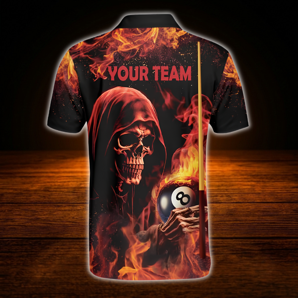 Custom Skeleton Fire Billiard Polo Shirt For Men, Custom Skull Billiard Team Shirt