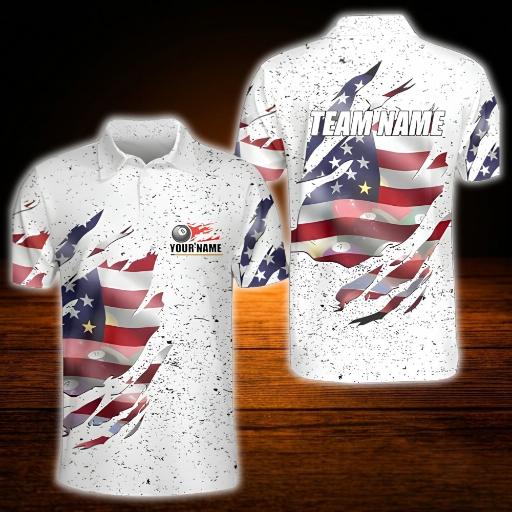 Custom USA Flag Grunge Billiard Polo Shirt For Men, Custom Patriotic Billiard Shirt For Team